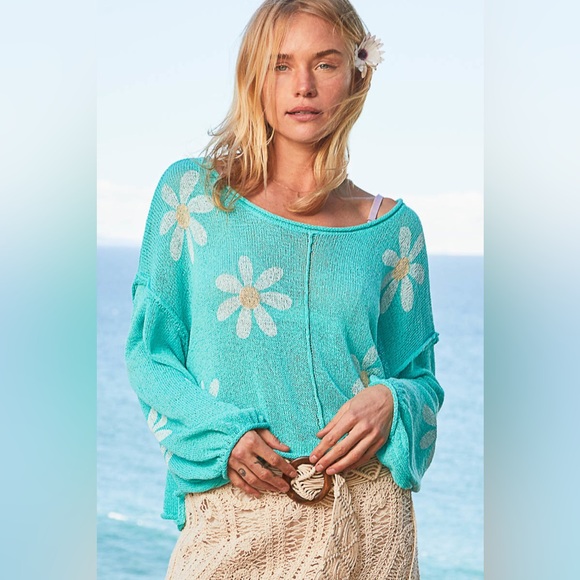 185. POL CLEARANCE Sheer floral flower teal green sheer thin sweater - Picture 3 of 4